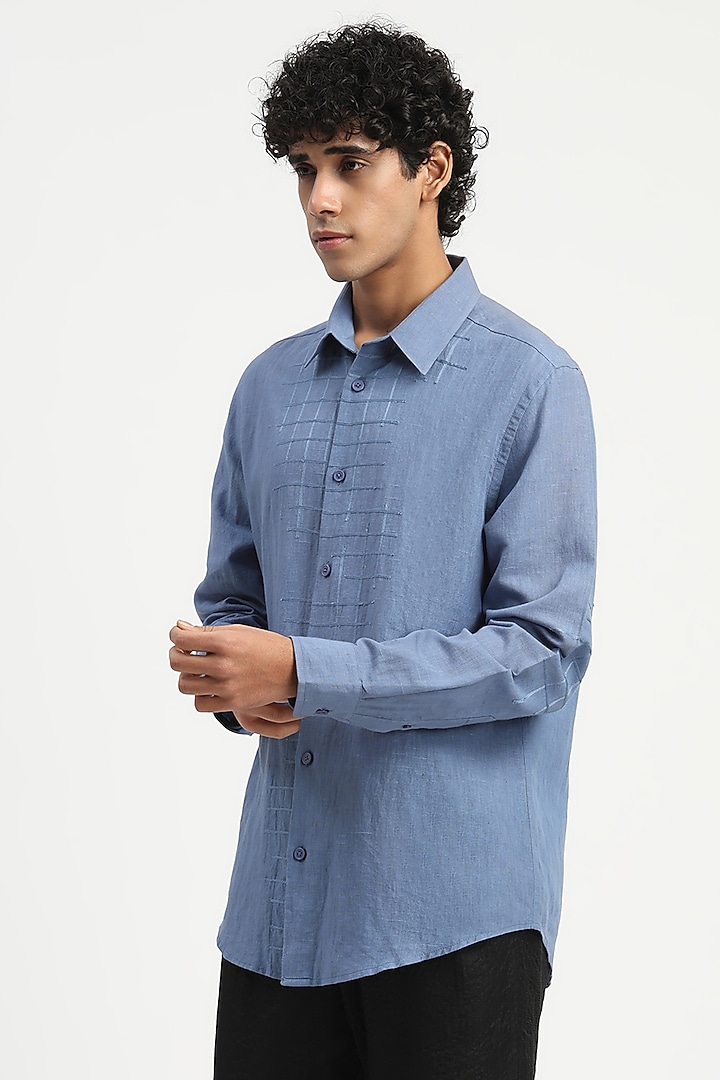 Blue Cotton Linen Aari Embroidered Party Wear Shirt by Abraham & Thakore Men at Pernia's Pop Up Shop