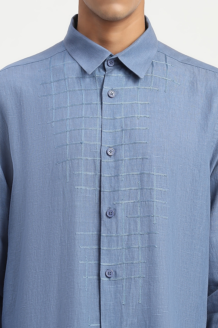 Blue Cotton Linen Aari Embroidered Party Wear Shirt by Abraham & Thakore Men at Pernia's Pop Up Shop