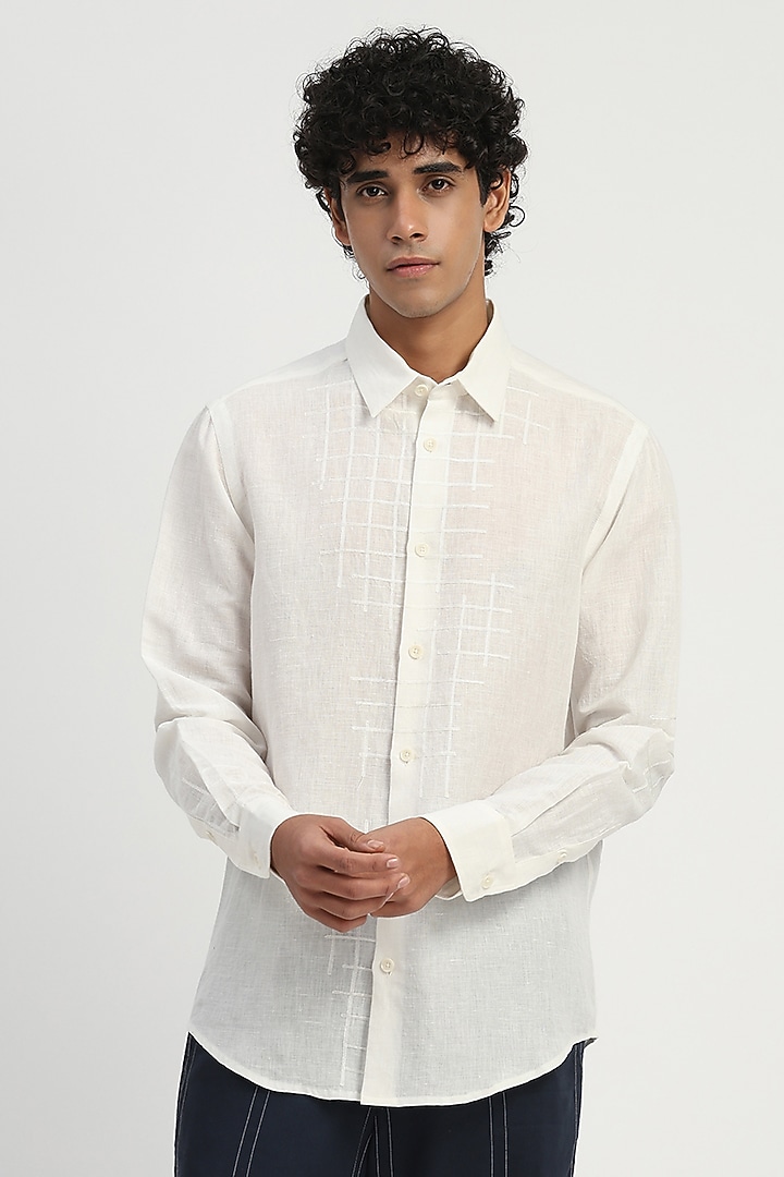 Ivory Cotton Linen Embroidered Party Wear Shirt by Abraham & Thakore at Pernia's Pop Up Shop