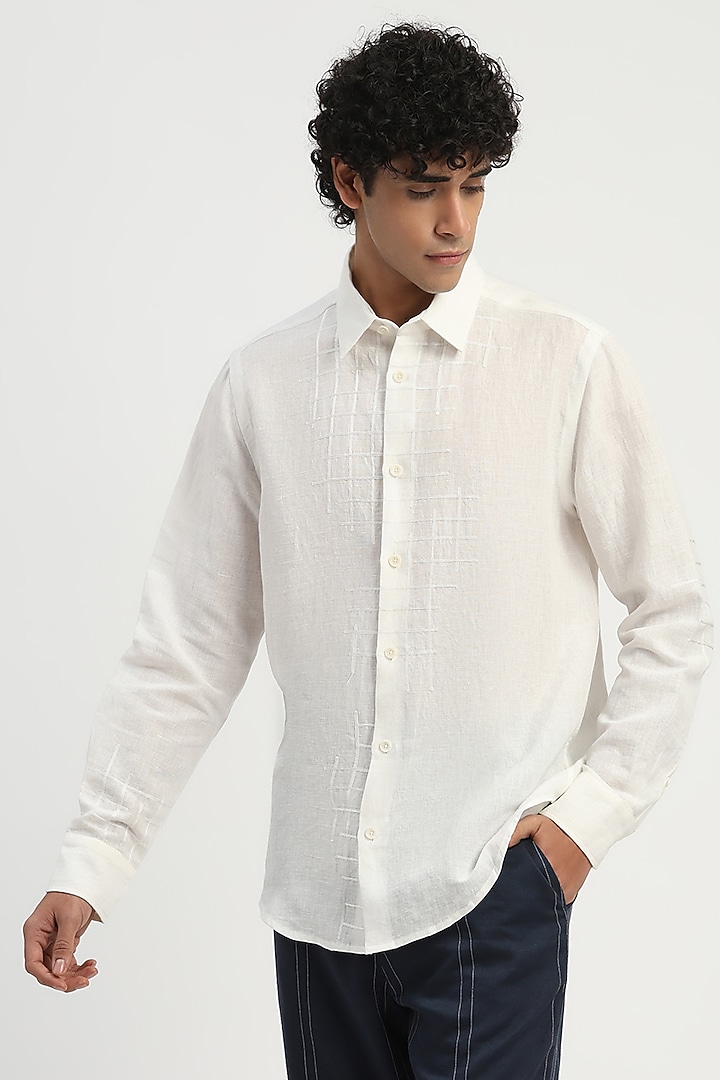 Ivory Cotton Linen Embroidered Party Wear Shirt by Abraham & Thakore Men at Pernia's Pop Up Shop