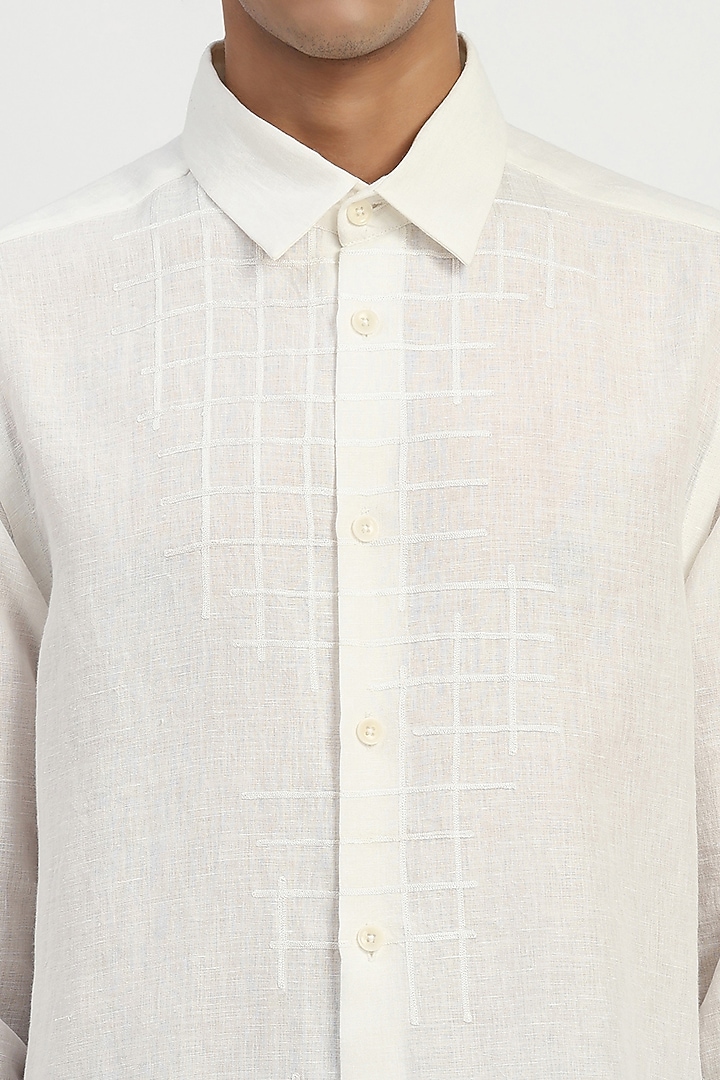Ivory Cotton Linen Embroidered Party Wear Shirt by Abraham & Thakore Men at Pernia's Pop Up Shop