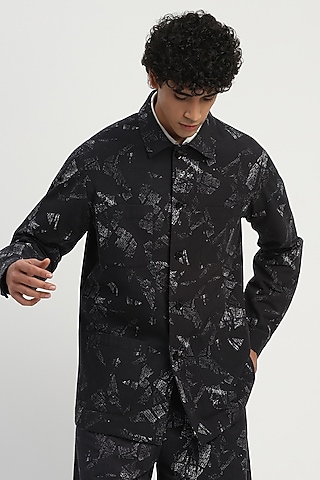 Black Cotton Printed Shirt by Abraham & Thakore Men