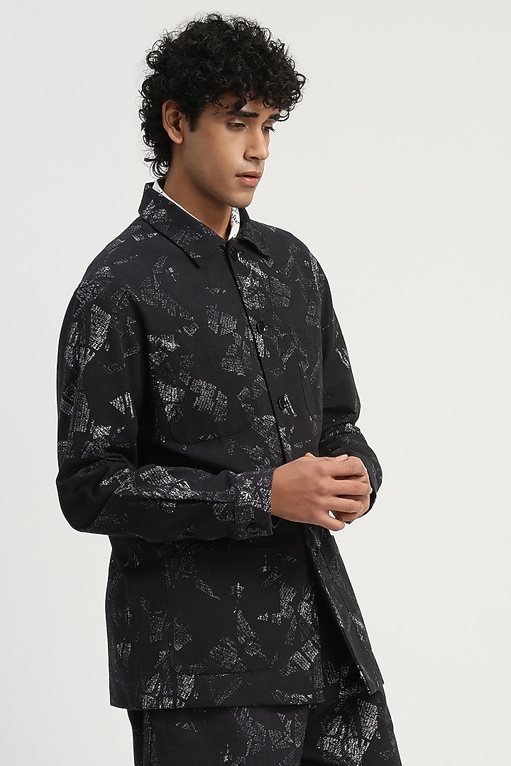 Black Cotton Printed Party Wear Shirt by Abraham & Thakore Men at Pernia's Pop Up Shop