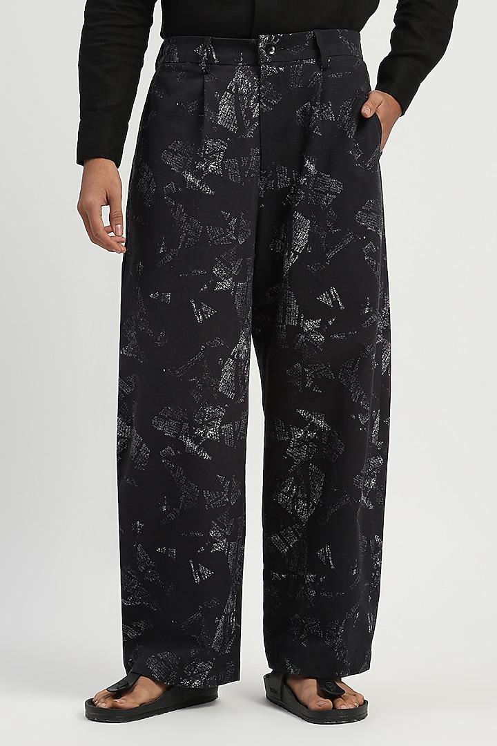 Black Cotton Printed Trousers by Abraham & Thakore Men at Pernia's Pop Up Shop