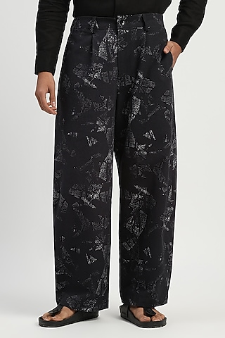 Black Cotton Printed Trousers by Abraham & Thakore Men