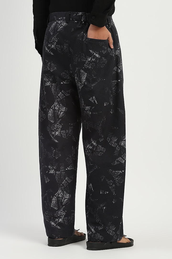 Black Cotton Printed Trousers by Abraham & Thakore Men at Pernia's Pop Up Shop