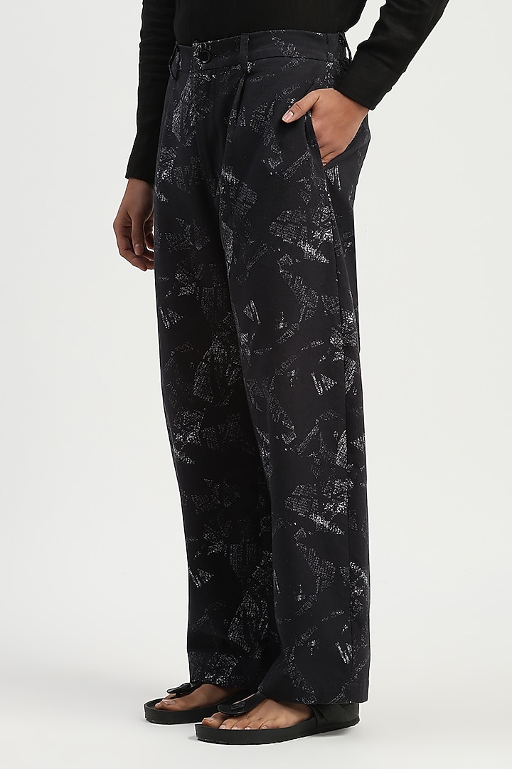 Black Cotton Printed Trousers by Abraham & Thakore Men at Pernia's Pop Up Shop
