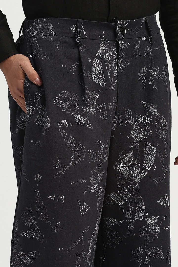 Black Cotton Printed Trousers by Abraham & Thakore Men at Pernia's Pop Up Shop
