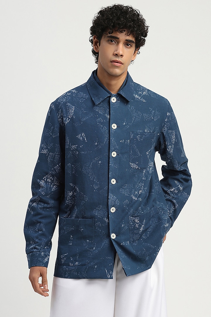 Blue Cotton Printed Party Wear Shirt by Abraham & Thakore at Pernia's Pop Up Shop