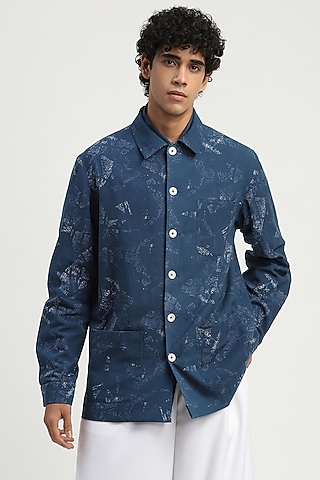 Blue Cotton Printed Shirt by Abraham & Thakore Men