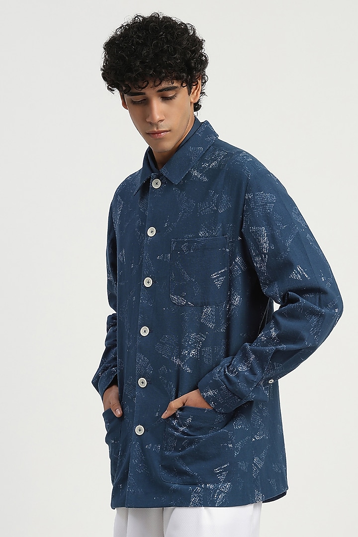 Blue Cotton Printed Party Wear Shirt by Abraham & Thakore Men at Pernia's Pop Up Shop