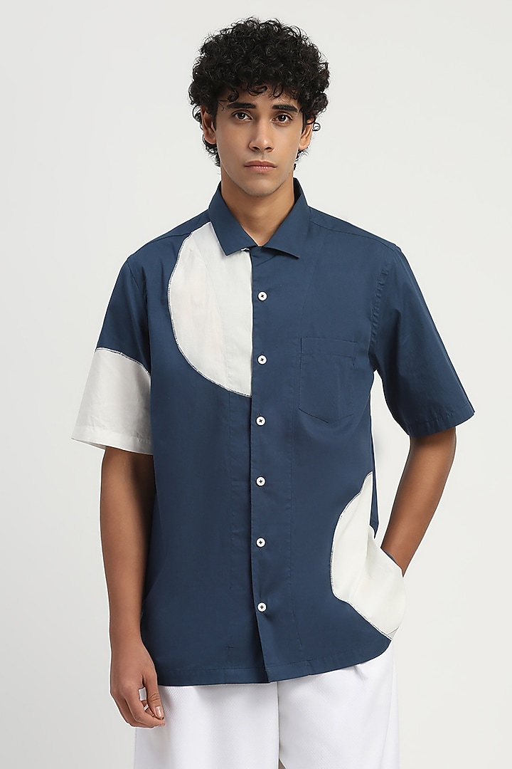 Indigo & Ivory Poplin Party Wear Shirt by Abraham & Thakore at Pernia's Pop Up Shop