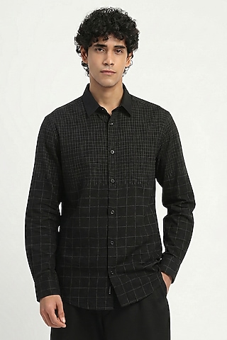 Black Cambric Checkered Shirt by Abraham & Thakore Men