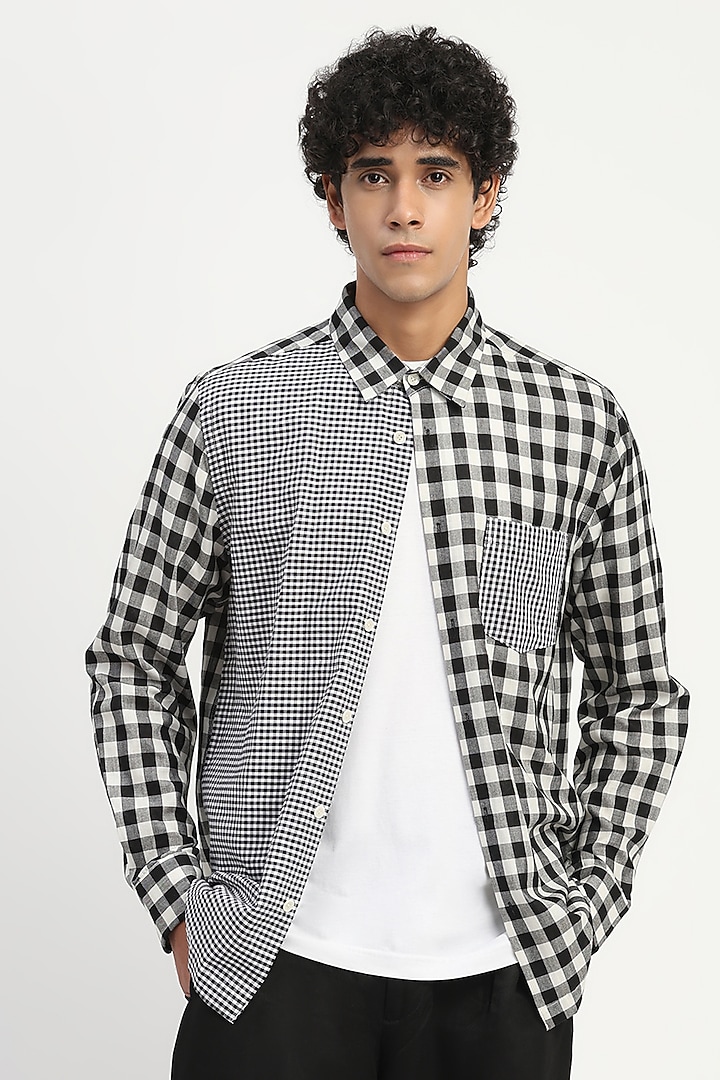 Black & Ivory Tencel Cotton Gingham Patchwork Party Wear Shirt by Abraham & Thakore at Pernia's Pop Up Shop