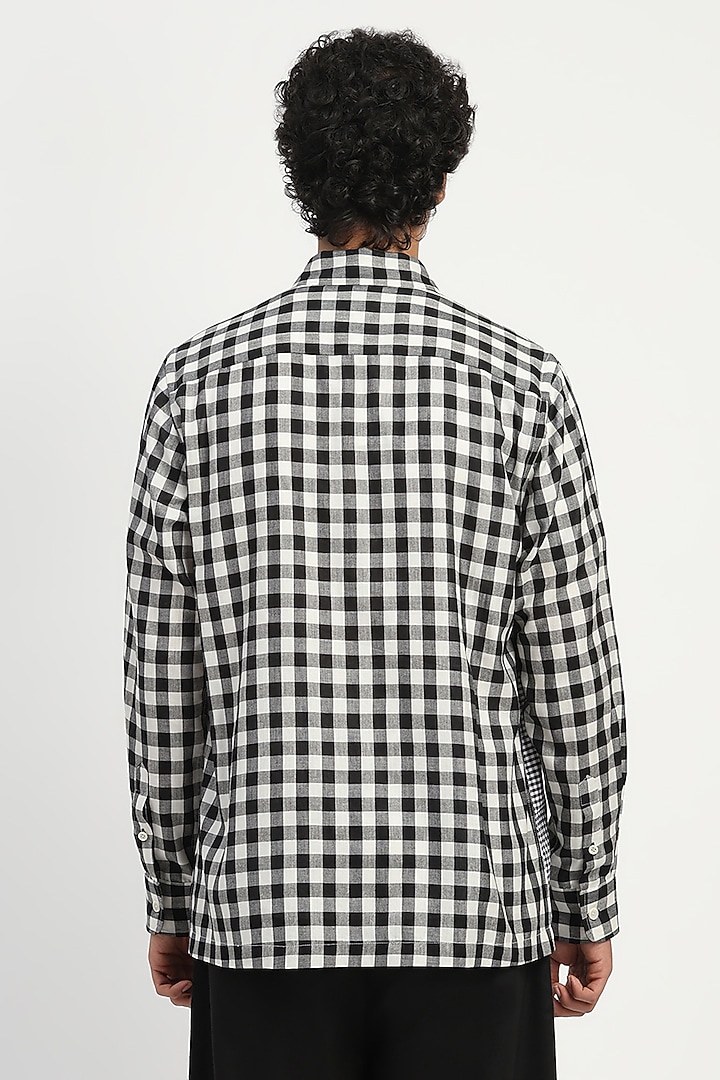 Black & Ivory Tencel Cotton Gingham Patchwork Party Wear Shirt by Abraham & Thakore Men at Pernia's Pop Up Shop