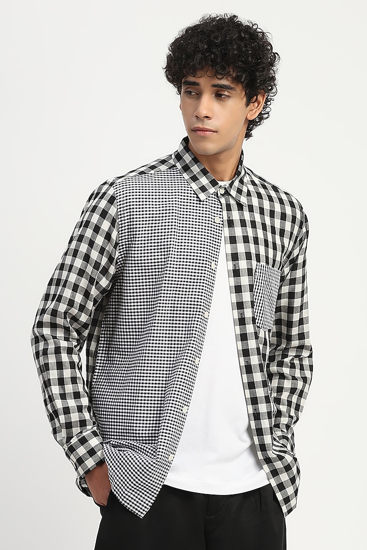 Black & Ivory Tencel Cotton Gingham Patchwork Party Wear Shirt by Abraham & Thakore Men at Pernia's Pop Up Shop