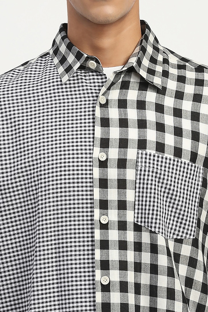 Black & Ivory Tencel Cotton Gingham Patchwork Party Wear Shirt by Abraham & Thakore Men at Pernia's Pop Up Shop