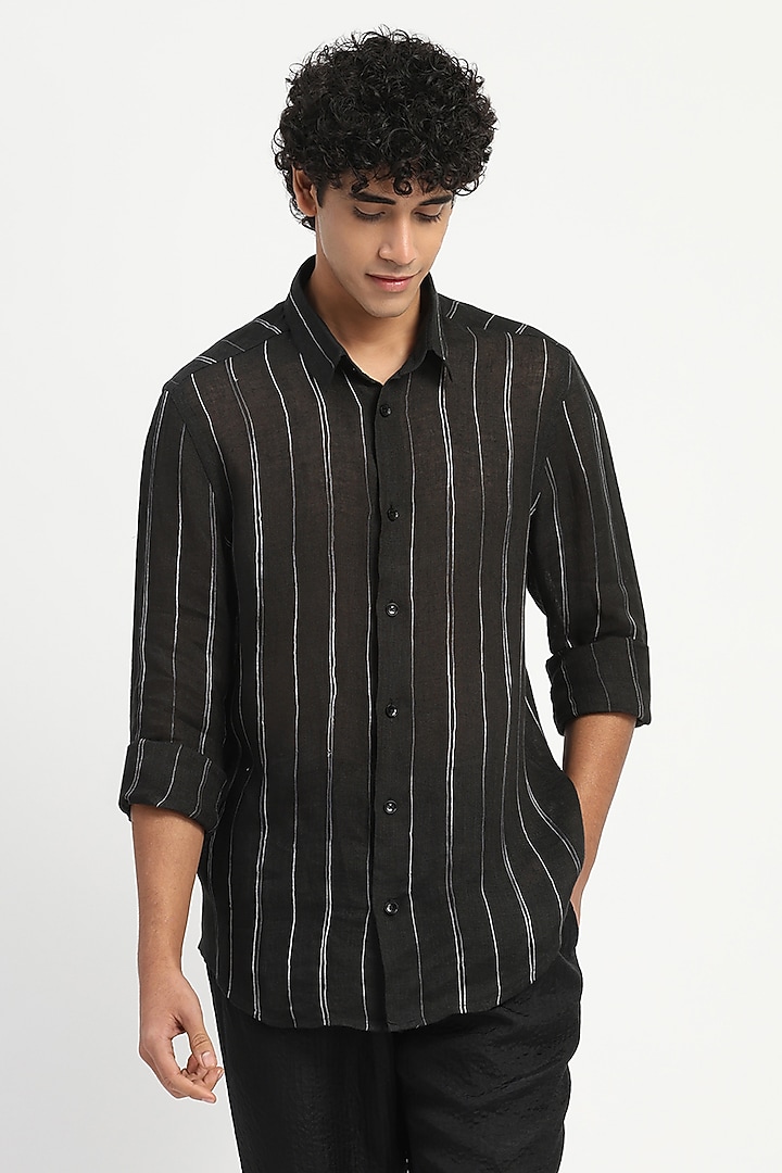 Black Pure Linen Party Wear Shirt by Abraham & Thakore at Pernia's Pop Up Shop