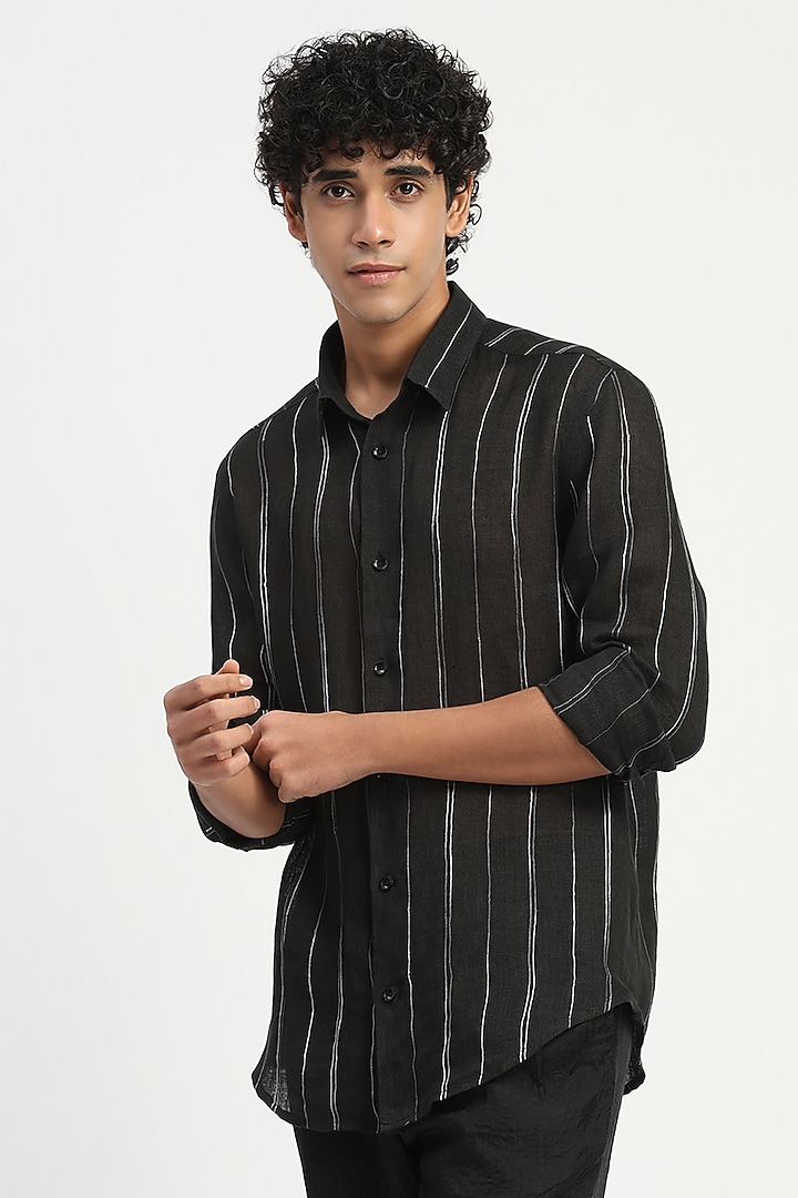 Black Pure Linen Party Wear Shirt by Abraham & Thakore Men at Pernia's Pop Up Shop