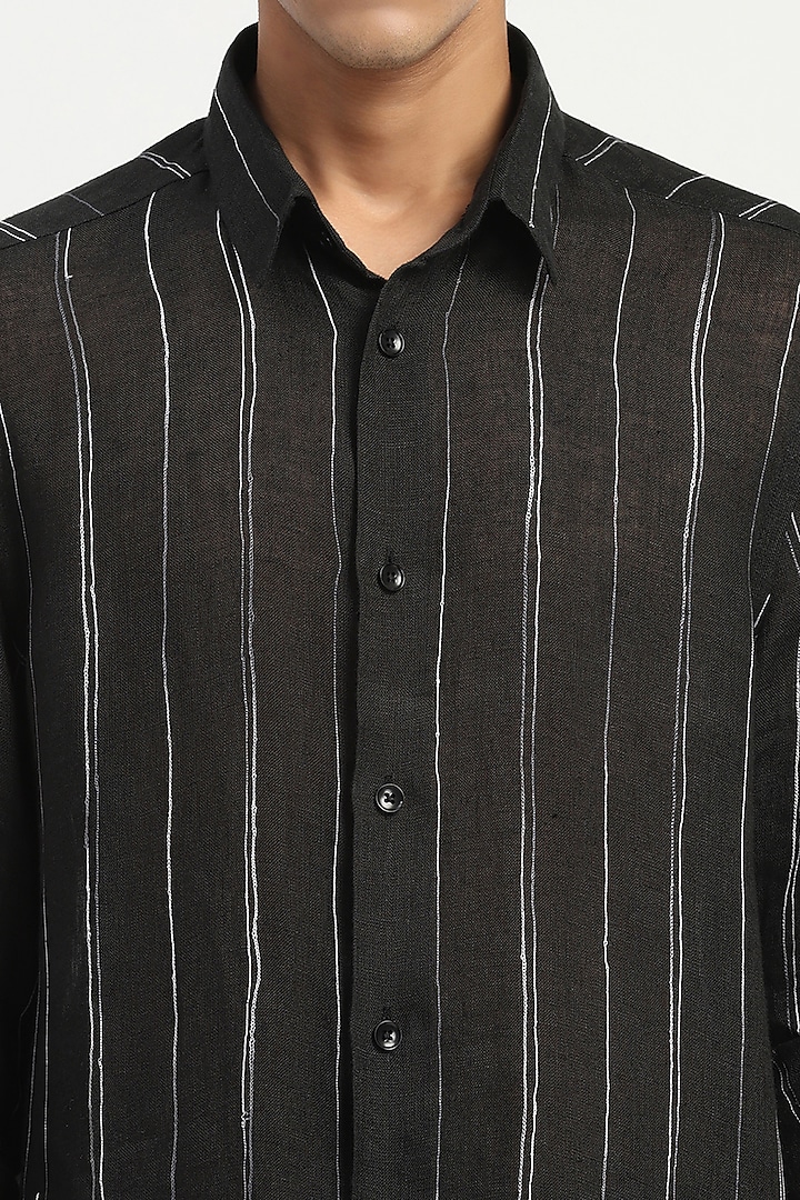 Black Pure Linen Party Wear Shirt by Abraham & Thakore Men at Pernia's Pop Up Shop