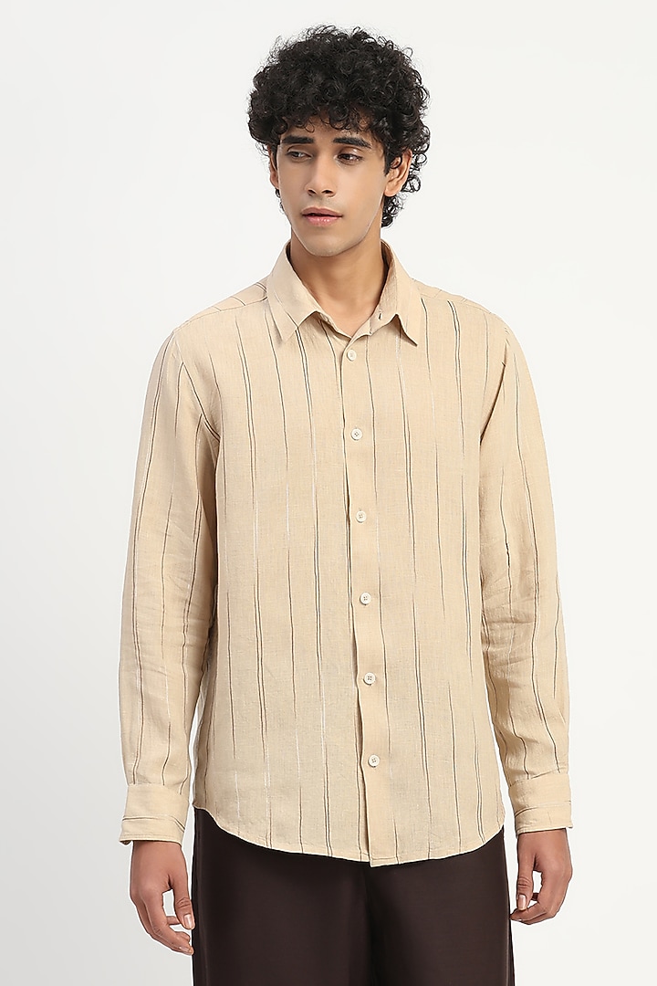 Beige Pure Linen Party Wear Shirt by Abraham & Thakore Men at Pernia's Pop Up Shop