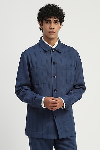 Indigo Tencel Cotton Stripe Jacket by Abraham & Thakore Men
