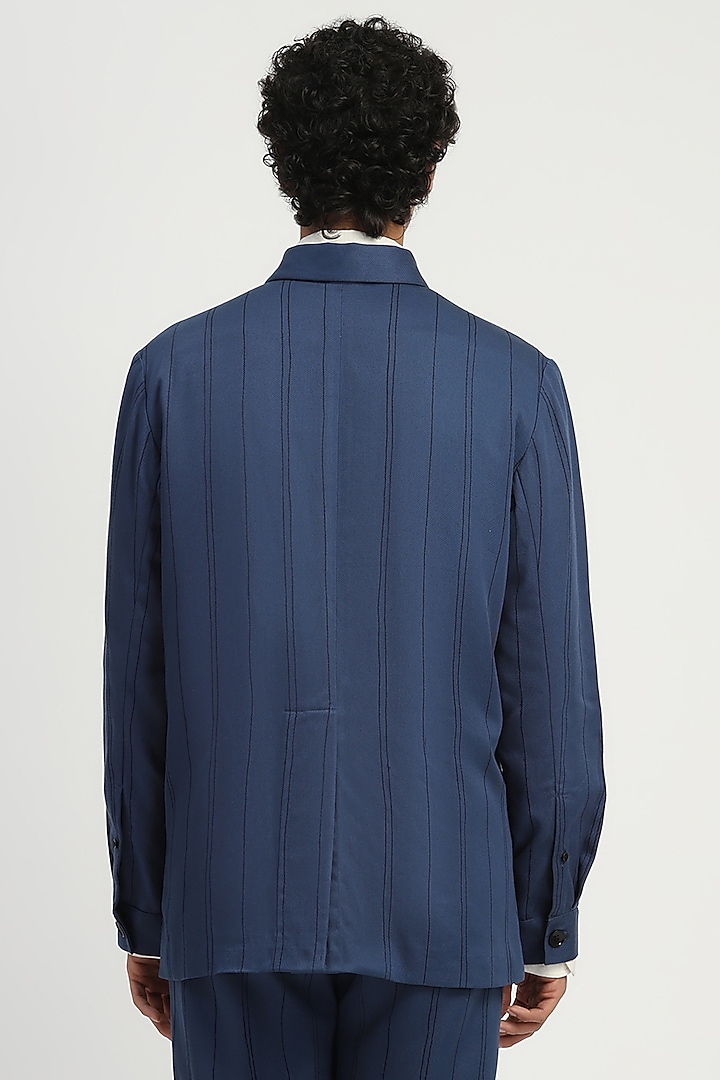 Indigo Tencel Cotton Stripe Jacket by Abraham & Thakore Men at Pernia's Pop Up Shop