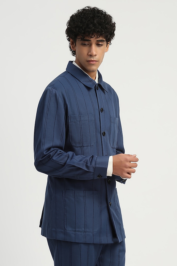 Indigo Tencel Cotton Stripe Jacket by Abraham & Thakore Men at Pernia's Pop Up Shop