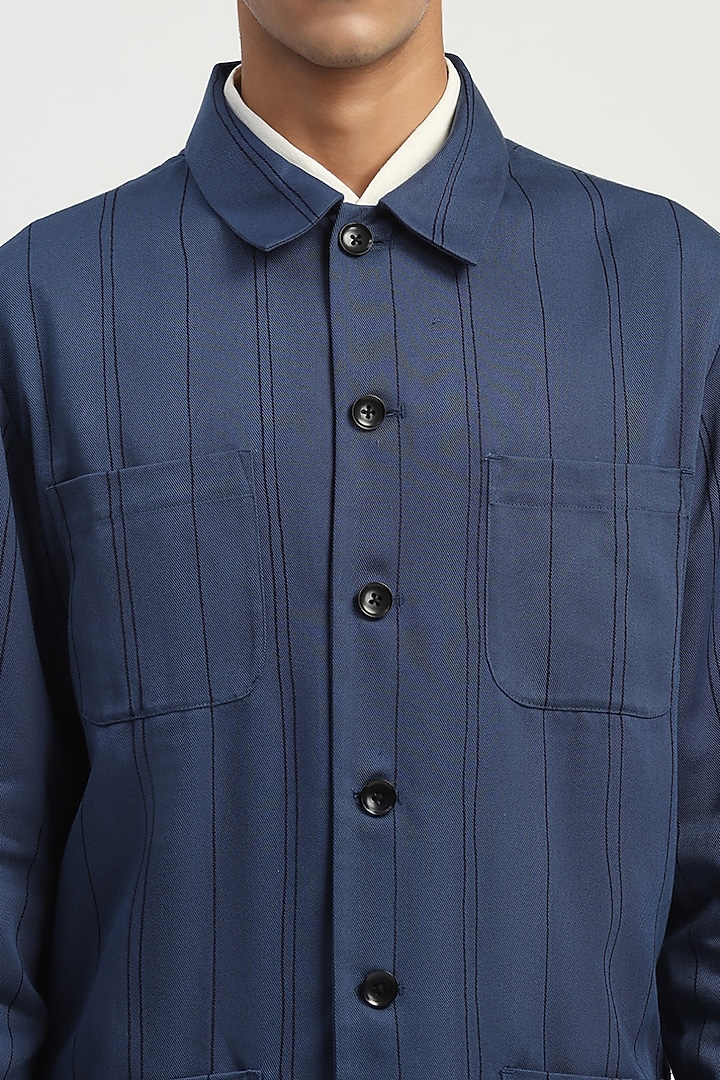Indigo Tencel Cotton Stripe Jacket by Abraham & Thakore Men at Pernia's Pop Up Shop