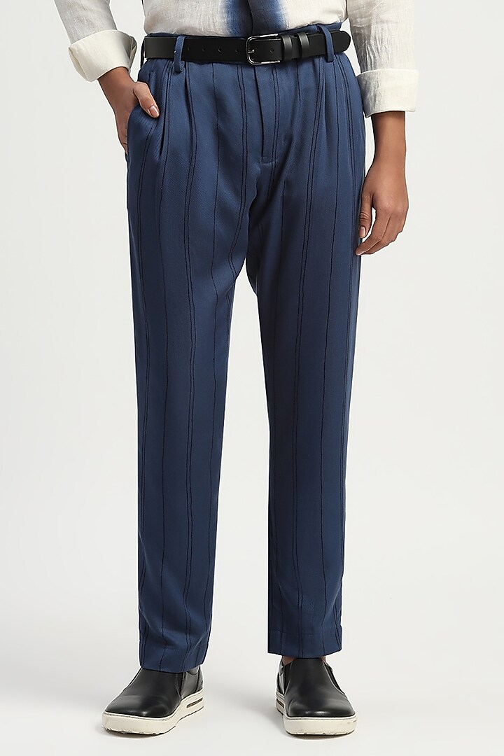 Indigo Tencel Cotton Tie-Dye Aari Yarn Trousers by Abraham & Thakore Men at Pernia's Pop Up Shop