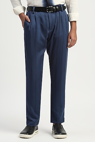 Indigo Tencel Cotton Tie-Dye Aari Yarn Trousers by Abraham & Thakore Men