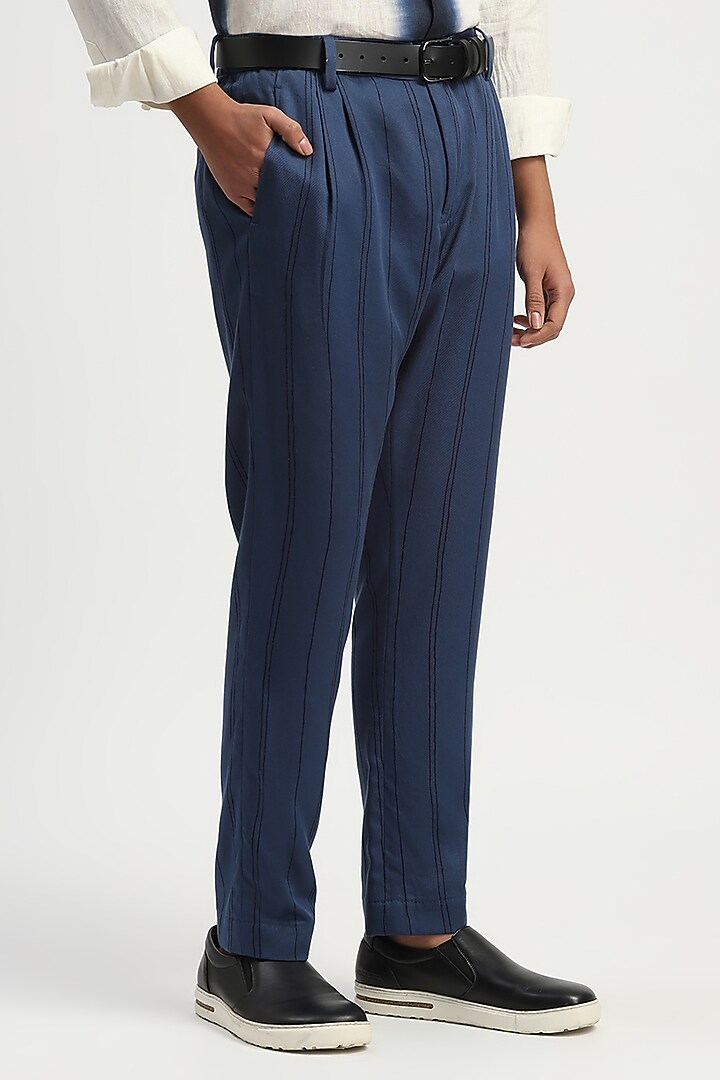 Indigo Tencel Cotton Tie-Dye Aari Yarn Trousers by Abraham & Thakore Men at Pernia's Pop Up Shop