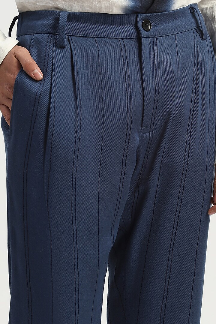 Indigo Tencel Cotton Tie-Dye Aari Yarn Trousers by Abraham & Thakore Men at Pernia's Pop Up Shop