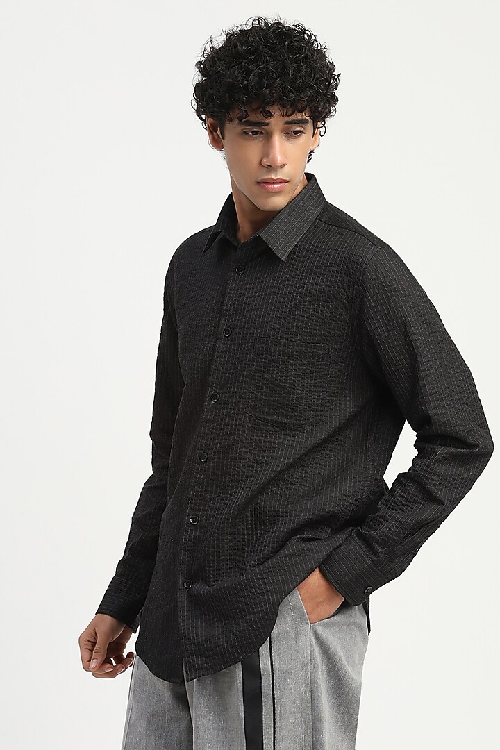Black Cambric Party Wear Shirt by Abraham & Thakore Men at Pernia's Pop Up Shop