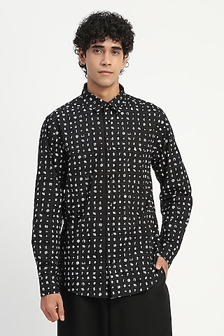 Black Cambric Block Printed Shirt by Abraham & Thakore Men