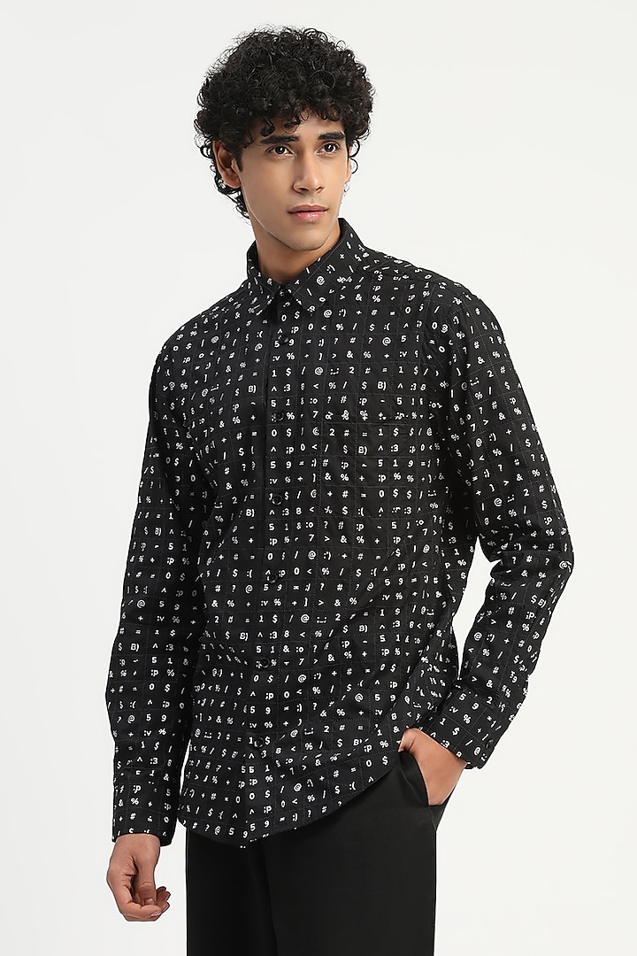 Black Cambric Block Printed Party Wear Shirt by Abraham & Thakore Men at Pernia's Pop Up Shop