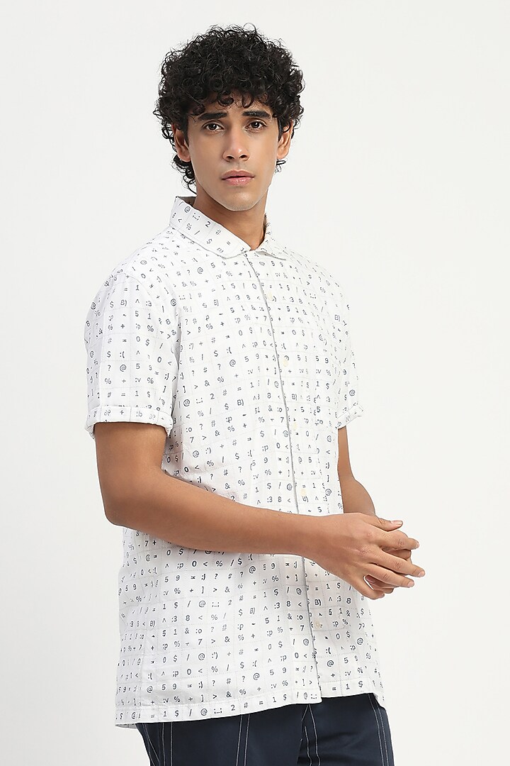 Ivory Cambric Block Printed Party Wear Shirt by Abraham & Thakore Men at Pernia's Pop Up Shop