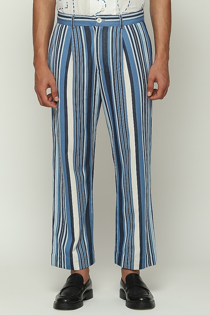 Indigo Blue Twill Striped Trousers by Abraham & Thakore Men at Pernia's Pop Up Shop