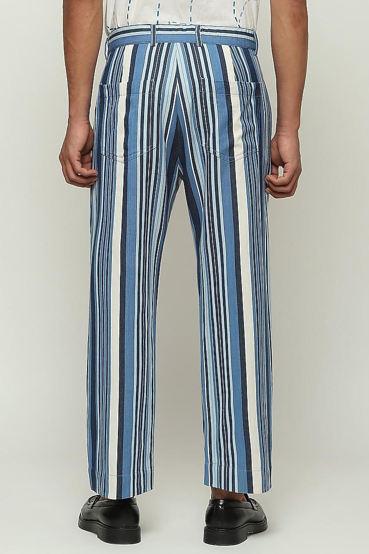 Indigo Blue Twill Striped Trousers by Abraham & Thakore Men at Pernia's Pop Up Shop