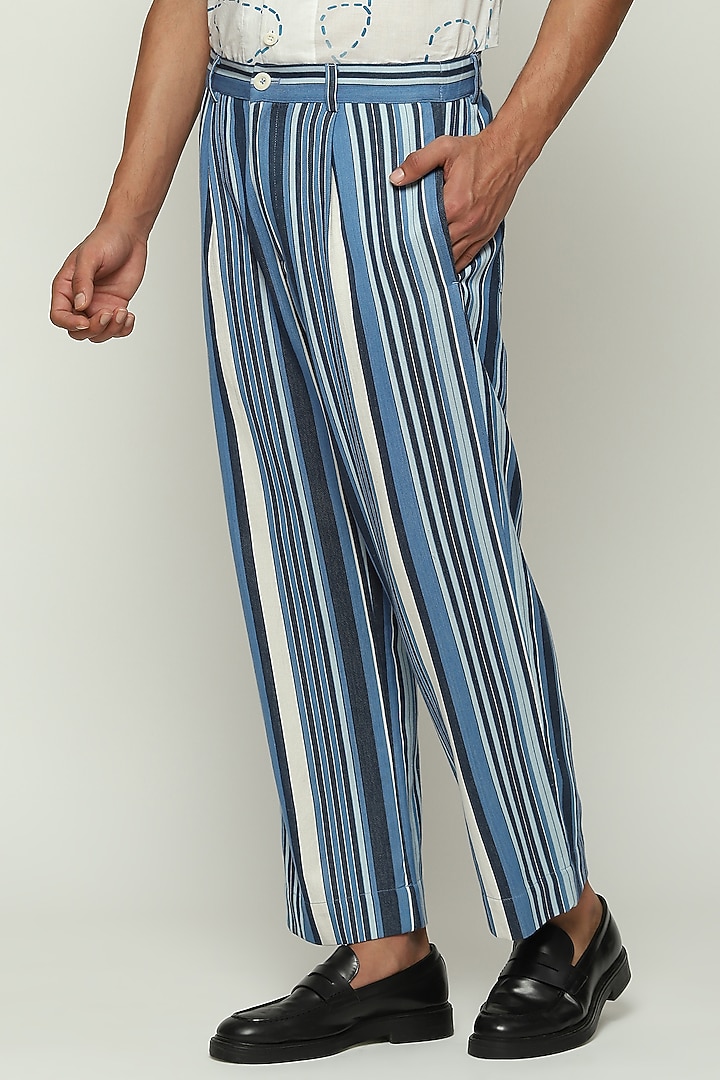 Indigo Blue Twill Striped Trousers by Abraham & Thakore Men at Pernia's Pop Up Shop
