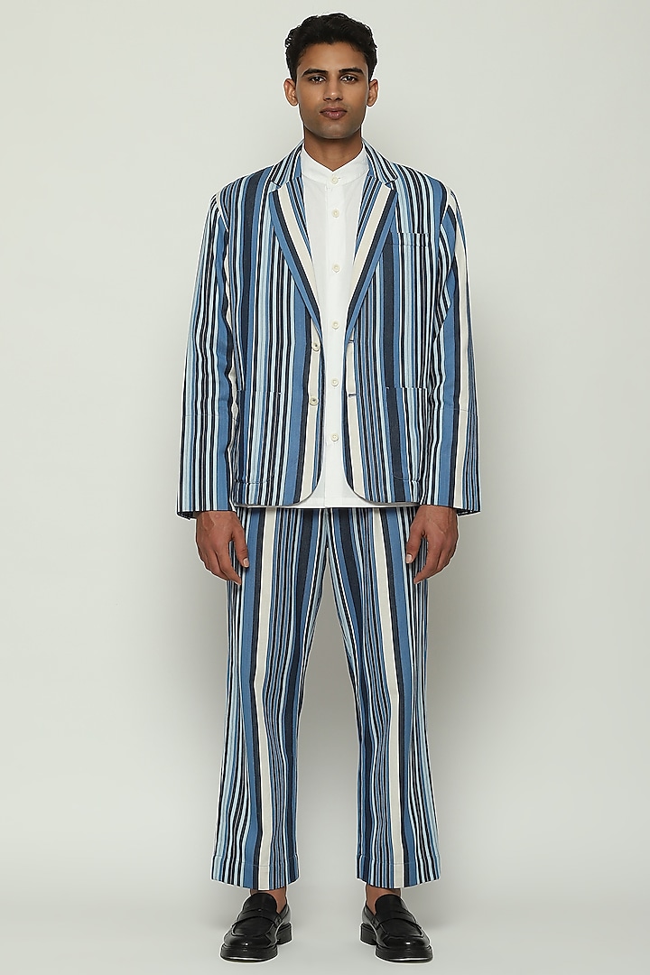 Indigo Blue Twill Striped Jacket by Abraham & Thakore Men