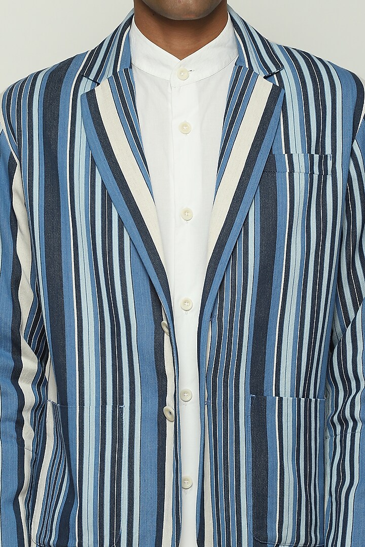 Indigo Blue Twill Striped Jacket by Abraham & Thakore Men at Pernia's Pop Up Shop