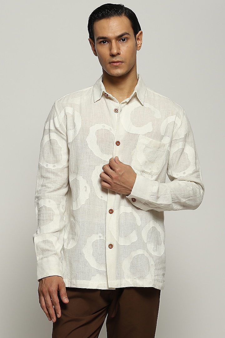 Ivory Cotton Embroidered Shirt by Abraham & Thakore Men