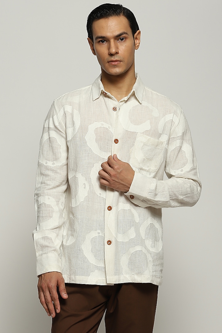 Ivory Cotton Embroidered Party Wear Shirt by Abraham & Thakore Men at Pernia's Pop Up Shop