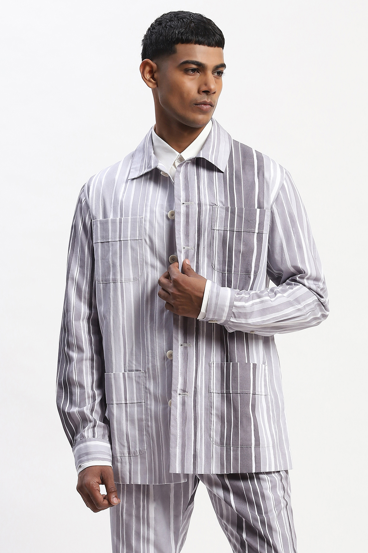 Grey Cotton Poplin Digital Printed Shirt by Abraham & Thakore Men