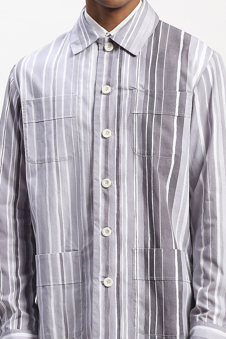 Grey Cotton Poplin Digital Printed Party Wear Shirt by Abraham & Thakore Men at Pernia's Pop Up Shop