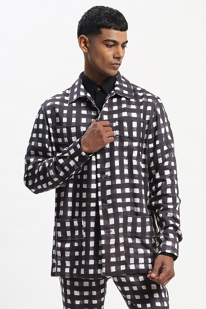 Black Cotton Blend Digital Printed Party Wear Shirt by Abraham & Thakore Men at Pernia's Pop Up Shop