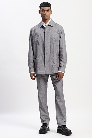 Multi-Colored Cotton Seersucker Fabric Digital Printed Trousers by Abraham & Thakore Men