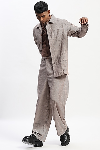 Multi-Colored Cotton Seersucker Fabric Digital Printed Trousers by Abraham & Thakore Men