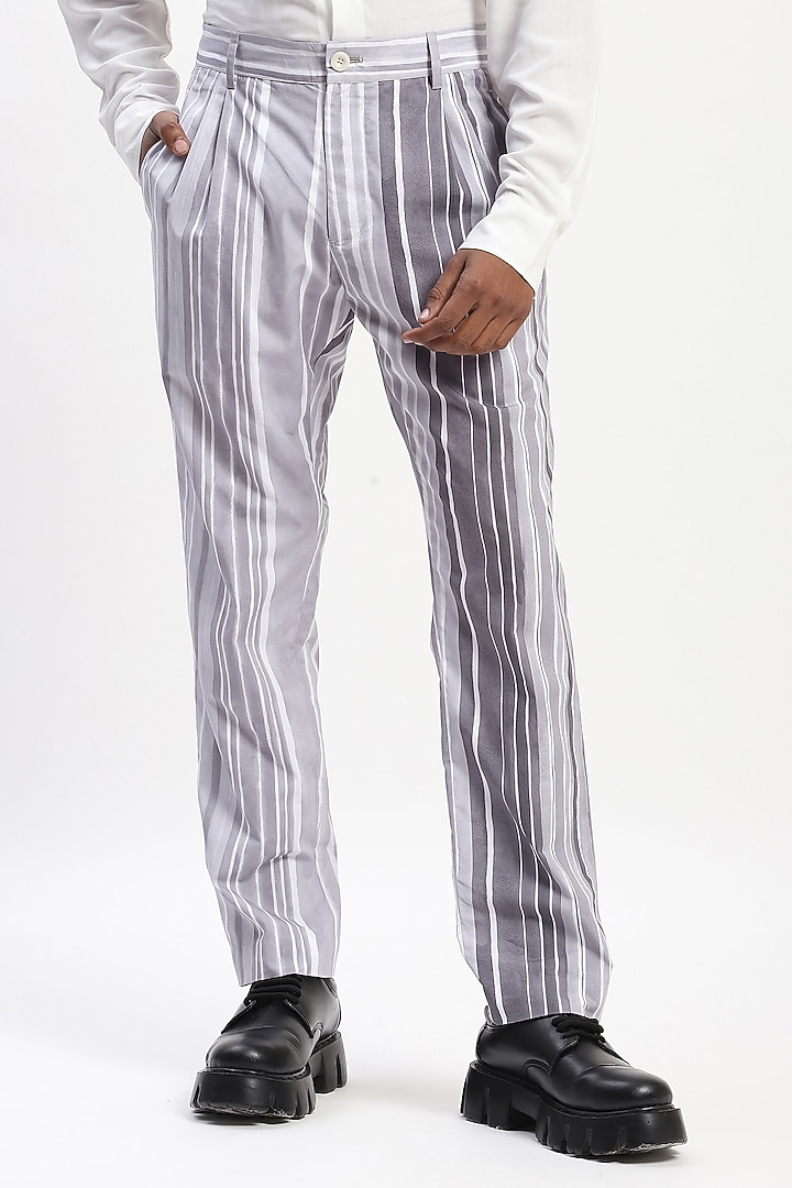 Grey Cotton Poplin Stripe Digital Printed Trousers by Abraham & Thakore Men at Pernia's Pop Up Shop